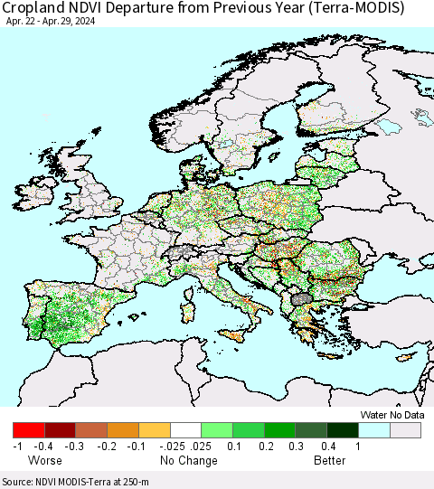 Europe Cropland NDVI Departure from Previous Year (Terra-MODIS) Thematic Map For 4/22/2024 - 4/29/2024