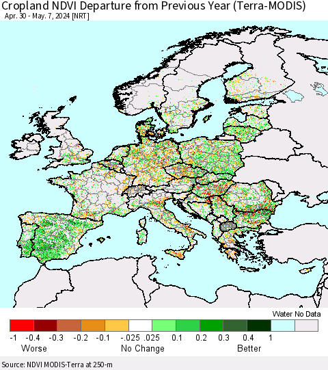 Europe Cropland NDVI Departure from Previous Year (Terra-MODIS) Thematic Map For 4/30/2024 - 5/7/2024