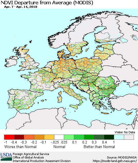 Europe NDVI Departure from Average (Terra-MODIS) Thematic Map For 4/11/2018 - 4/20/2018