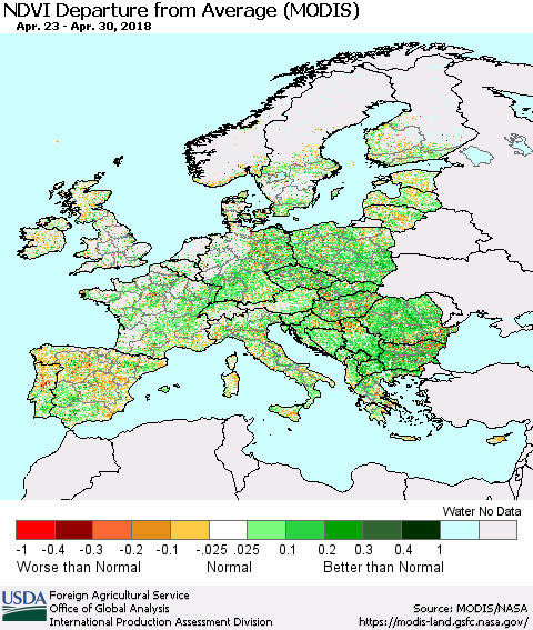 Europe NDVI Departure from Average (Terra-MODIS) Thematic Map For 4/21/2018 - 4/30/2018