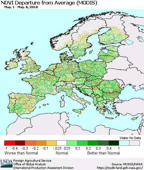 Europe NDVI Departure from Average (Terra-MODIS) Thematic Map For 5/1/2018 - 5/10/2018