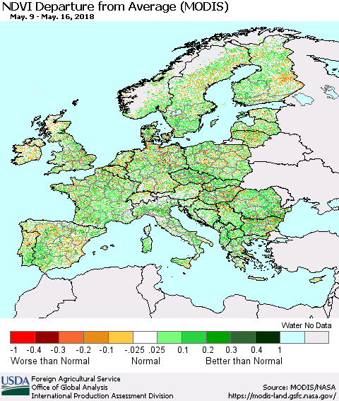Europe NDVI Departure from Average (Terra-MODIS) Thematic Map For 5/11/2018 - 5/20/2018