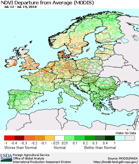 Europe NDVI Departure from Average (Terra-MODIS) Thematic Map For 7/11/2018 - 7/20/2018
