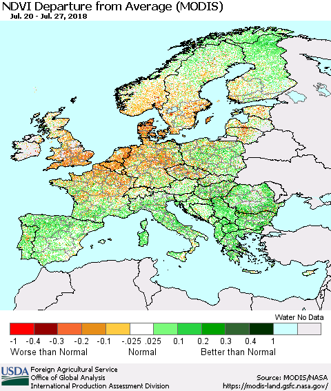 Europe NDVI Departure from Average (Terra-MODIS) Thematic Map For 7/21/2018 - 7/31/2018