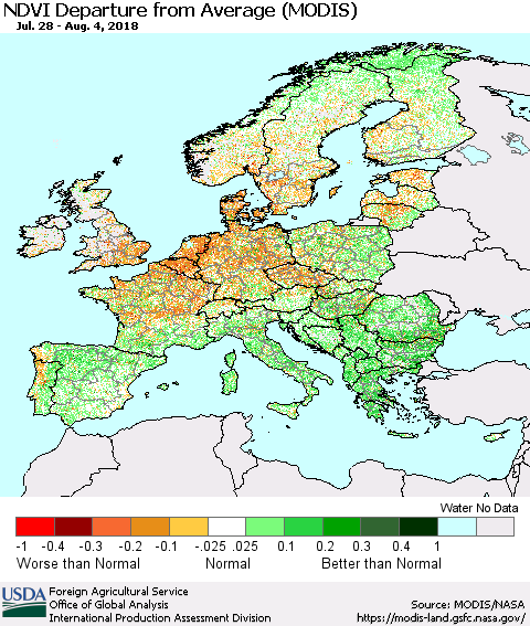 Europe NDVI Departure from Average (Terra-MODIS) Thematic Map For 8/1/2018 - 8/10/2018