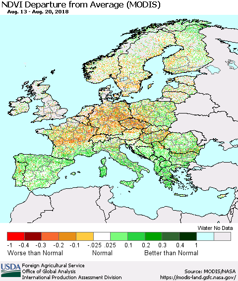 Europe NDVI Departure from Average (Terra-MODIS) Thematic Map For 8/11/2018 - 8/20/2018