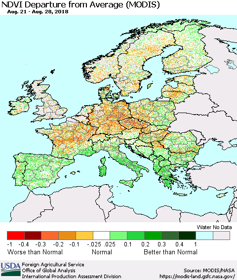 Europe NDVI Departure from Average (Terra-MODIS) Thematic Map For 8/21/2018 - 8/31/2018