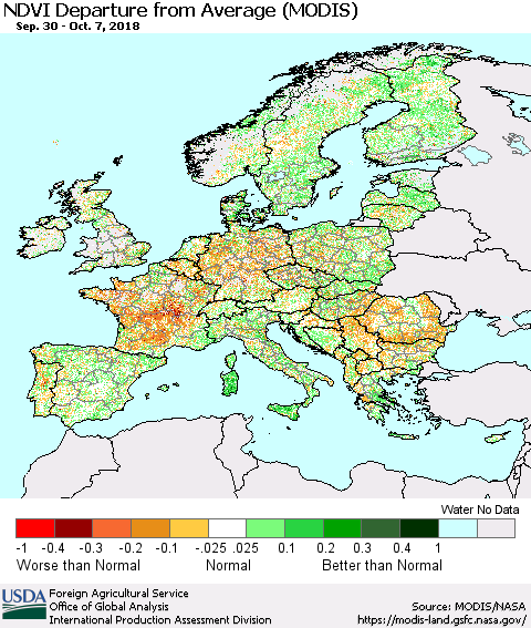 Europe NDVI Departure from Average (Terra-MODIS) Thematic Map For 10/1/2018 - 10/10/2018
