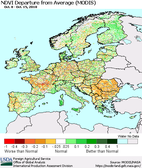 Europe NDVI Departure from Average (Terra-MODIS) Thematic Map For 10/11/2018 - 10/20/2018