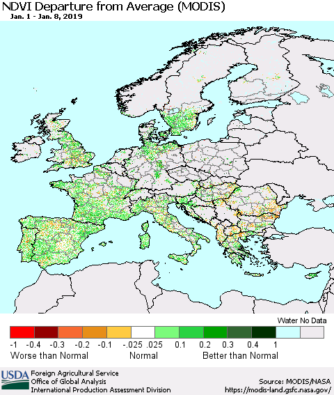 Europe NDVI Departure from Average (Terra-MODIS) Thematic Map For 1/1/2019 - 1/10/2019
