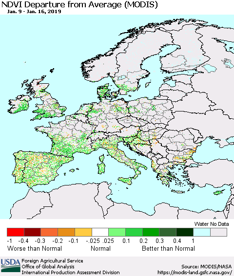Europe NDVI Departure from Average (Terra-MODIS) Thematic Map For 1/11/2019 - 1/20/2019