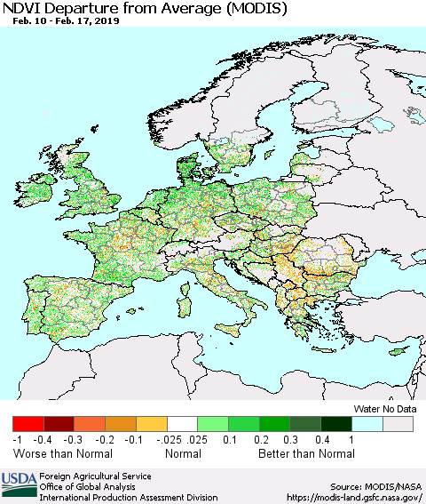 Europe NDVI Departure from Average (Terra-MODIS) Thematic Map For 2/11/2019 - 2/20/2019