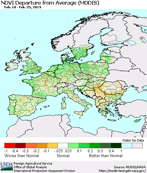 Europe NDVI Departure from Average (Terra-MODIS) Thematic Map For 2/21/2019 - 2/28/2019
