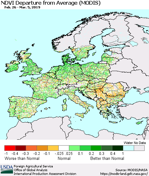 Europe NDVI Departure from Average (Terra-MODIS) Thematic Map For 3/1/2019 - 3/10/2019