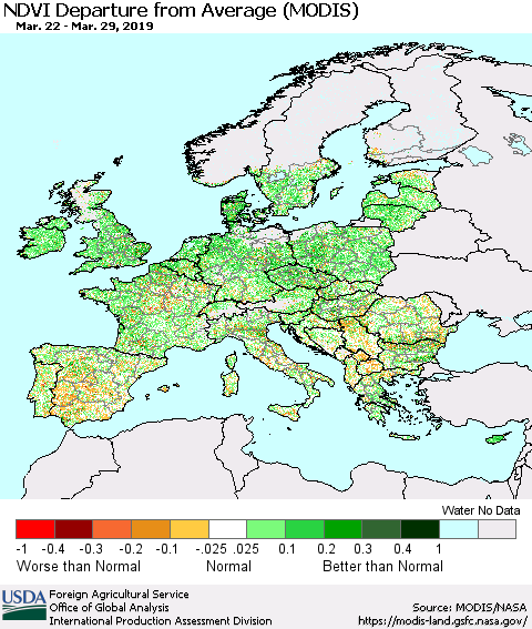 Europe NDVI Departure from Average (Terra-MODIS) Thematic Map For 3/21/2019 - 3/31/2019
