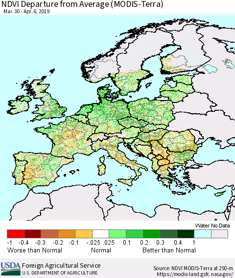 Europe NDVI Departure from Average (Terra-MODIS) Thematic Map For 4/1/2019 - 4/10/2019
