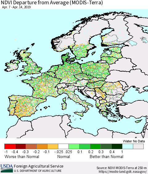 Europe NDVI Departure from Average (Terra-MODIS) Thematic Map For 4/11/2019 - 4/20/2019