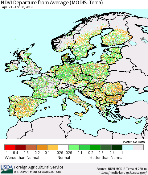 Europe NDVI Departure from Average (Terra-MODIS) Thematic Map For 4/21/2019 - 4/30/2019
