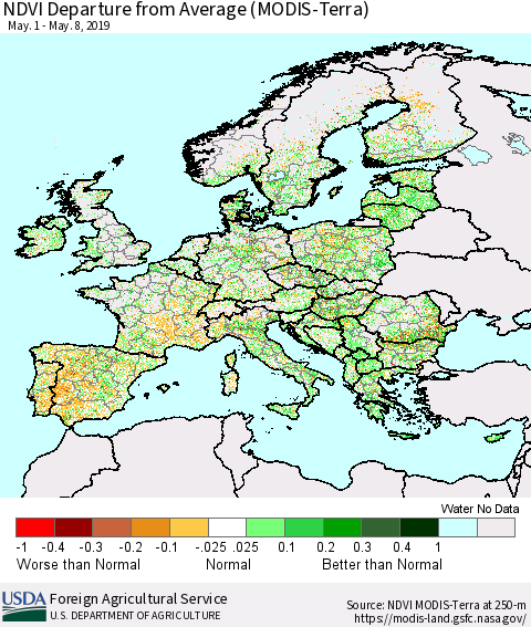 Europe NDVI Departure from Average (Terra-MODIS) Thematic Map For 5/1/2019 - 5/10/2019