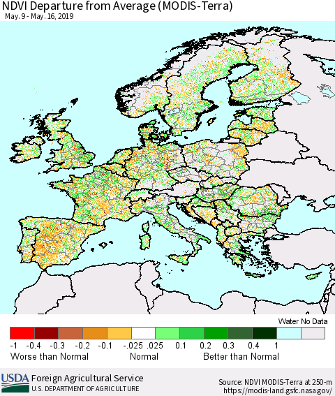 Europe NDVI Departure from Average (Terra-MODIS) Thematic Map For 5/11/2019 - 5/20/2019