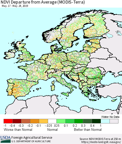 Europe NDVI Departure from Average (Terra-MODIS) Thematic Map For 5/21/2019 - 5/31/2019