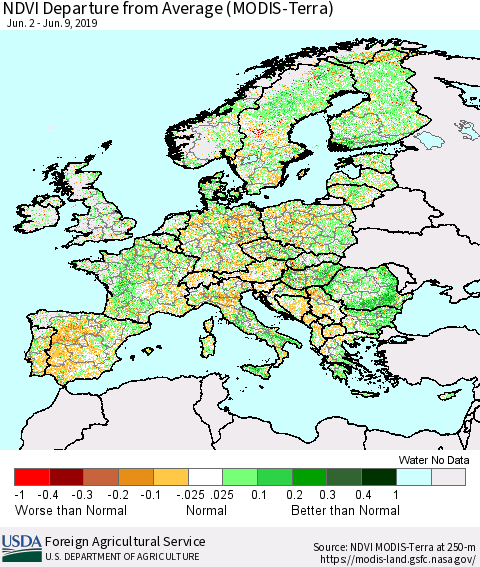 Europe NDVI Departure from Average (Terra-MODIS) Thematic Map For 6/1/2019 - 6/10/2019