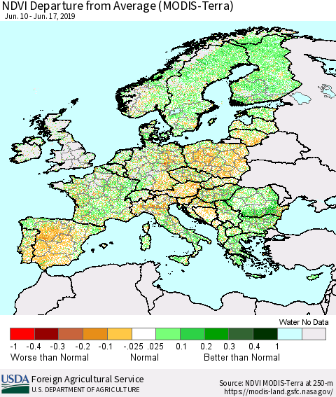 Europe NDVI Departure from Average (Terra-MODIS) Thematic Map For 6/11/2019 - 6/20/2019