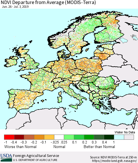 Europe NDVI Departure from Average (Terra-MODIS) Thematic Map For 7/1/2019 - 7/10/2019