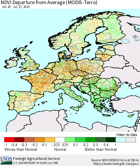 Europe NDVI Departure from Average (Terra-MODIS) Thematic Map For 7/21/2019 - 7/31/2019