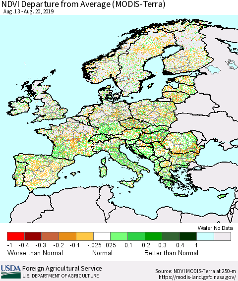 Europe NDVI Departure from Average (Terra-MODIS) Thematic Map For 8/11/2019 - 8/20/2019