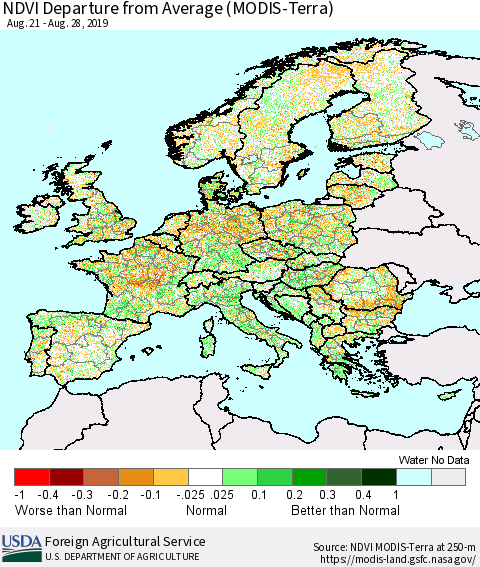 Europe NDVI Departure from Average (Terra-MODIS) Thematic Map For 8/21/2019 - 8/31/2019