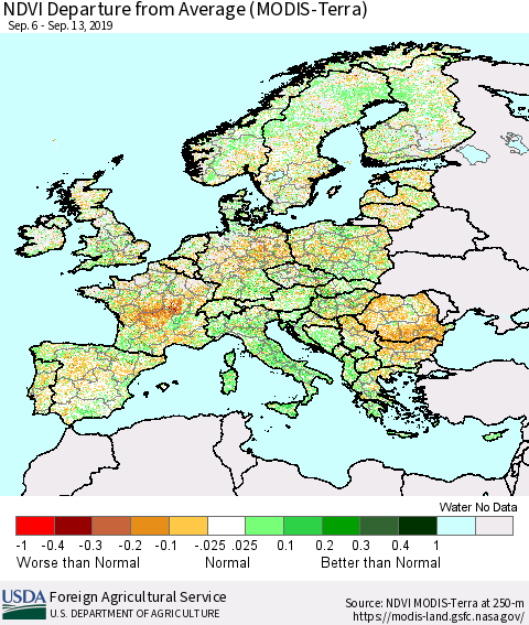 Europe NDVI Departure from Average (Terra-MODIS) Thematic Map For 9/11/2019 - 9/20/2019