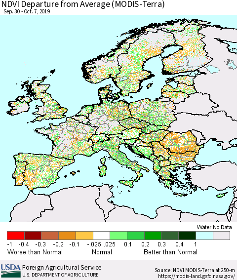 Europe NDVI Departure from Average (Terra-MODIS) Thematic Map For 10/1/2019 - 10/10/2019