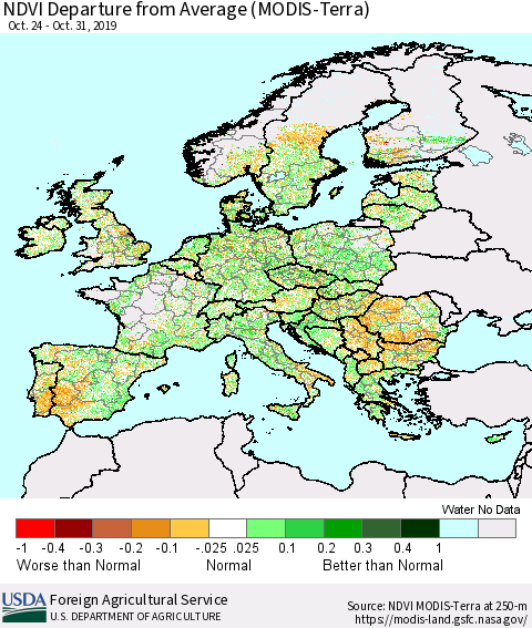 Europe NDVI Departure from Average (Terra-MODIS) Thematic Map For 10/21/2019 - 10/31/2019