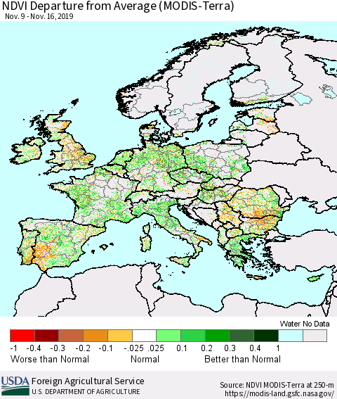 Europe NDVI Departure from Average (Terra-MODIS) Thematic Map For 11/11/2019 - 11/20/2019