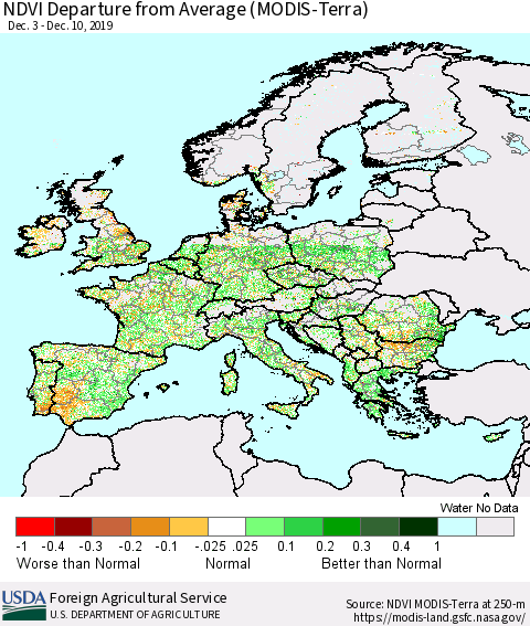 Europe NDVI Departure from Average (Terra-MODIS) Thematic Map For 12/1/2019 - 12/10/2019