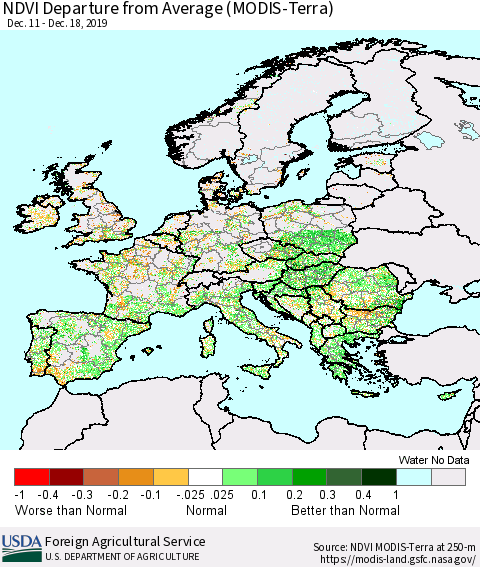 Europe NDVI Departure from Average (Terra-MODIS) Thematic Map For 12/11/2019 - 12/20/2019