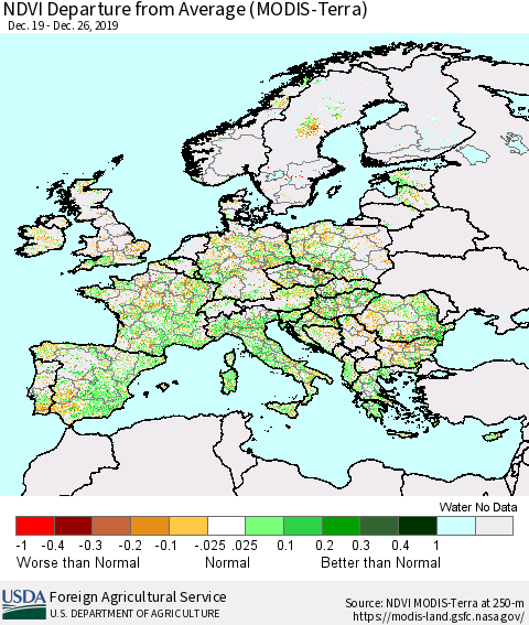 Europe NDVI Departure from Average (Terra-MODIS) Thematic Map For 12/21/2019 - 12/31/2019
