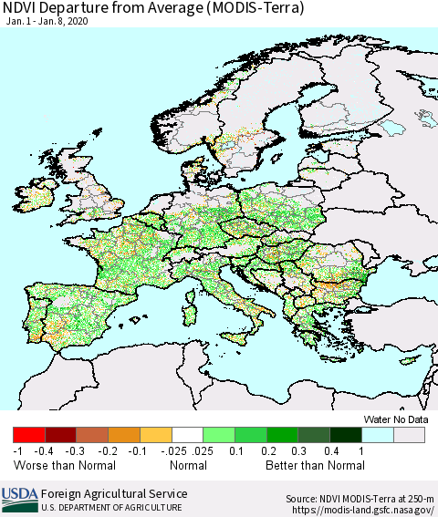 Europe NDVI Departure from Average (Terra-MODIS) Thematic Map For 1/1/2020 - 1/10/2020