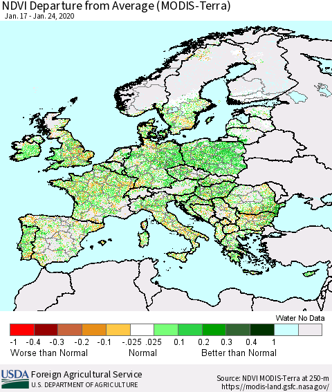 Europe NDVI Departure from Average (Terra-MODIS) Thematic Map For 1/21/2020 - 1/31/2020