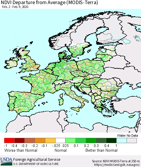 Europe NDVI Departure from Average (Terra-MODIS) Thematic Map For 2/1/2020 - 2/10/2020