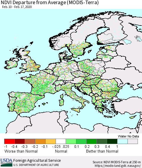 Europe NDVI Departure from Average (Terra-MODIS) Thematic Map For 2/11/2020 - 2/20/2020