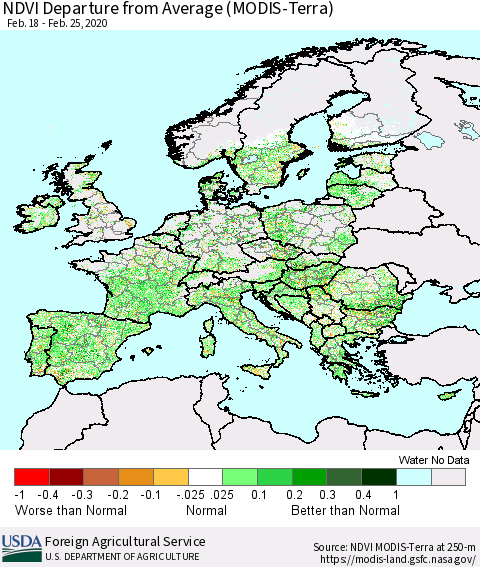 Europe NDVI Departure from Average (Terra-MODIS) Thematic Map For 2/21/2020 - 2/29/2020