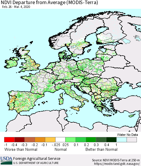 Europe NDVI Departure from Average (Terra-MODIS) Thematic Map For 3/1/2020 - 3/10/2020