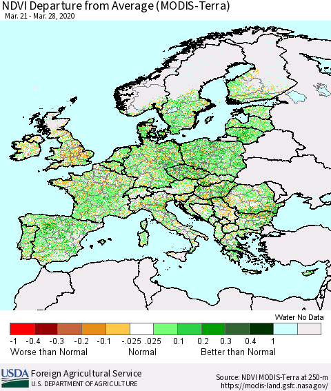 Europe NDVI Departure from Average (Terra-MODIS) Thematic Map For 3/21/2020 - 3/31/2020