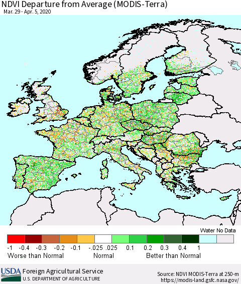 Europe NDVI Departure from Average (Terra-MODIS) Thematic Map For 4/1/2020 - 4/10/2020