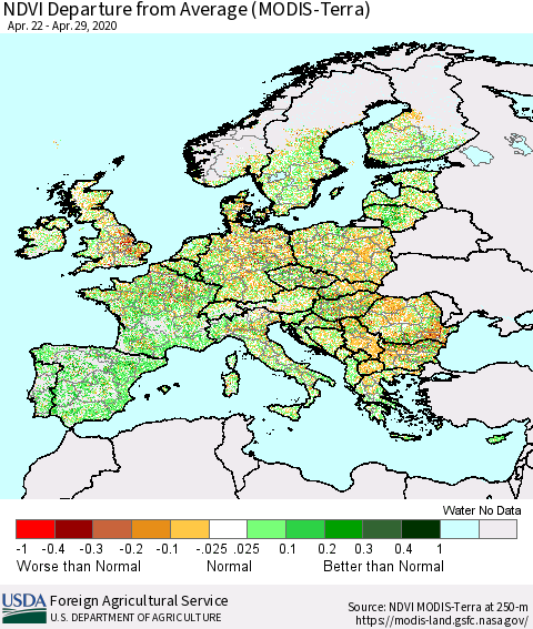Europe NDVI Departure from Average (Terra-MODIS) Thematic Map For 4/21/2020 - 4/30/2020