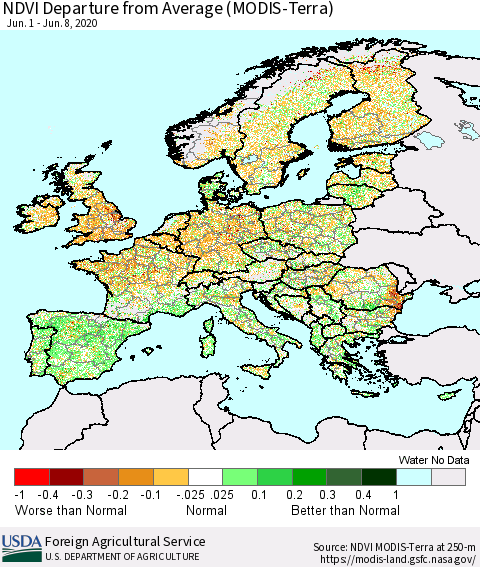 Europe NDVI Departure from Average (Terra-MODIS) Thematic Map For 6/1/2020 - 6/10/2020