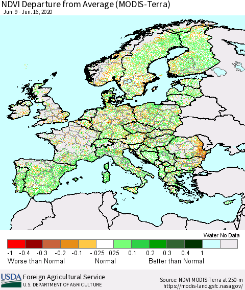 Europe NDVI Departure from Average (Terra-MODIS) Thematic Map For 6/11/2020 - 6/20/2020