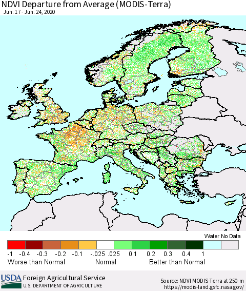 Europe NDVI Departure from Average (Terra-MODIS) Thematic Map For 6/21/2020 - 6/30/2020